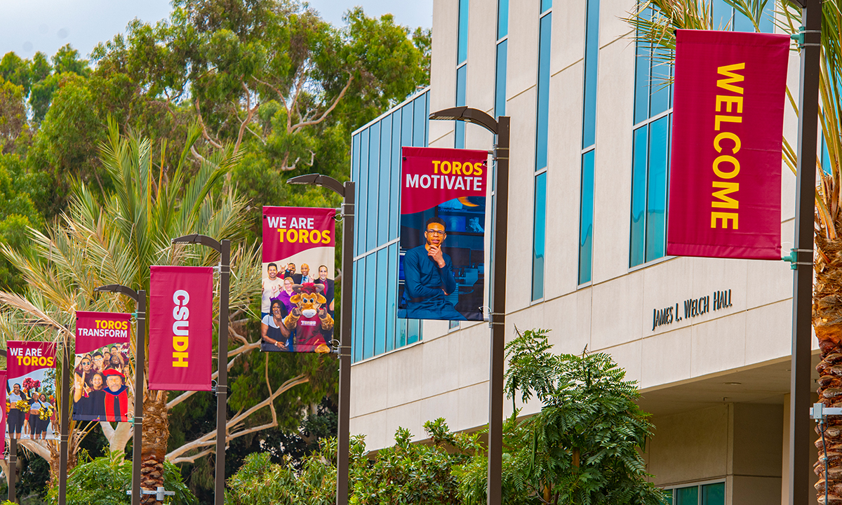 Walkway with banners outside the Welcome & Information Center