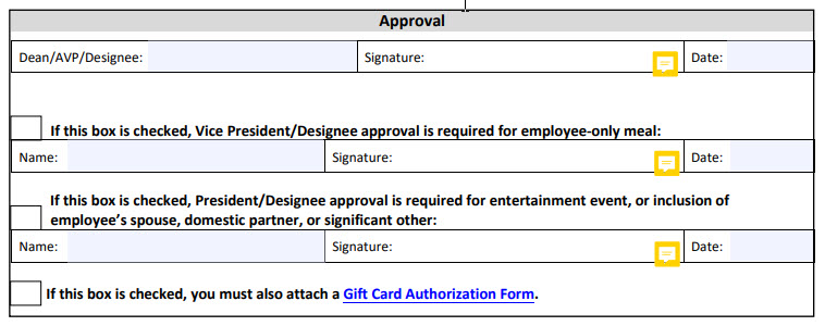 screenshot of Hospitality form approval section