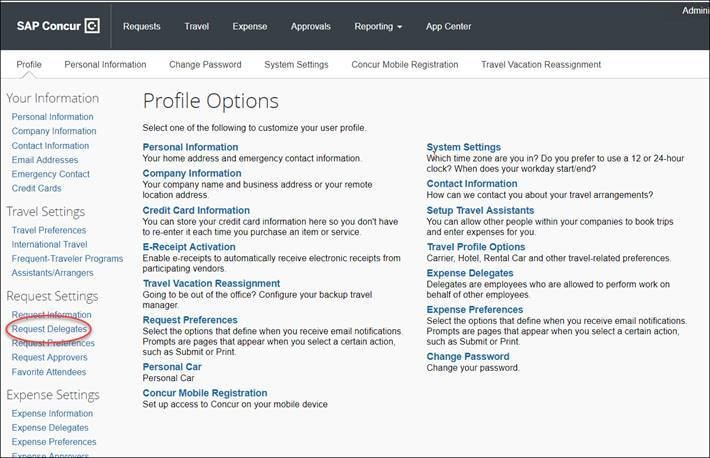 screenshot showing location of Request Delegates in menu