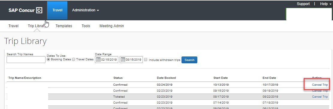 screenshot showing cancel trip option