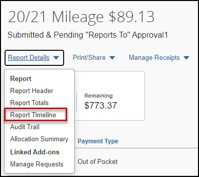 screenshot showing location of Report Timeline