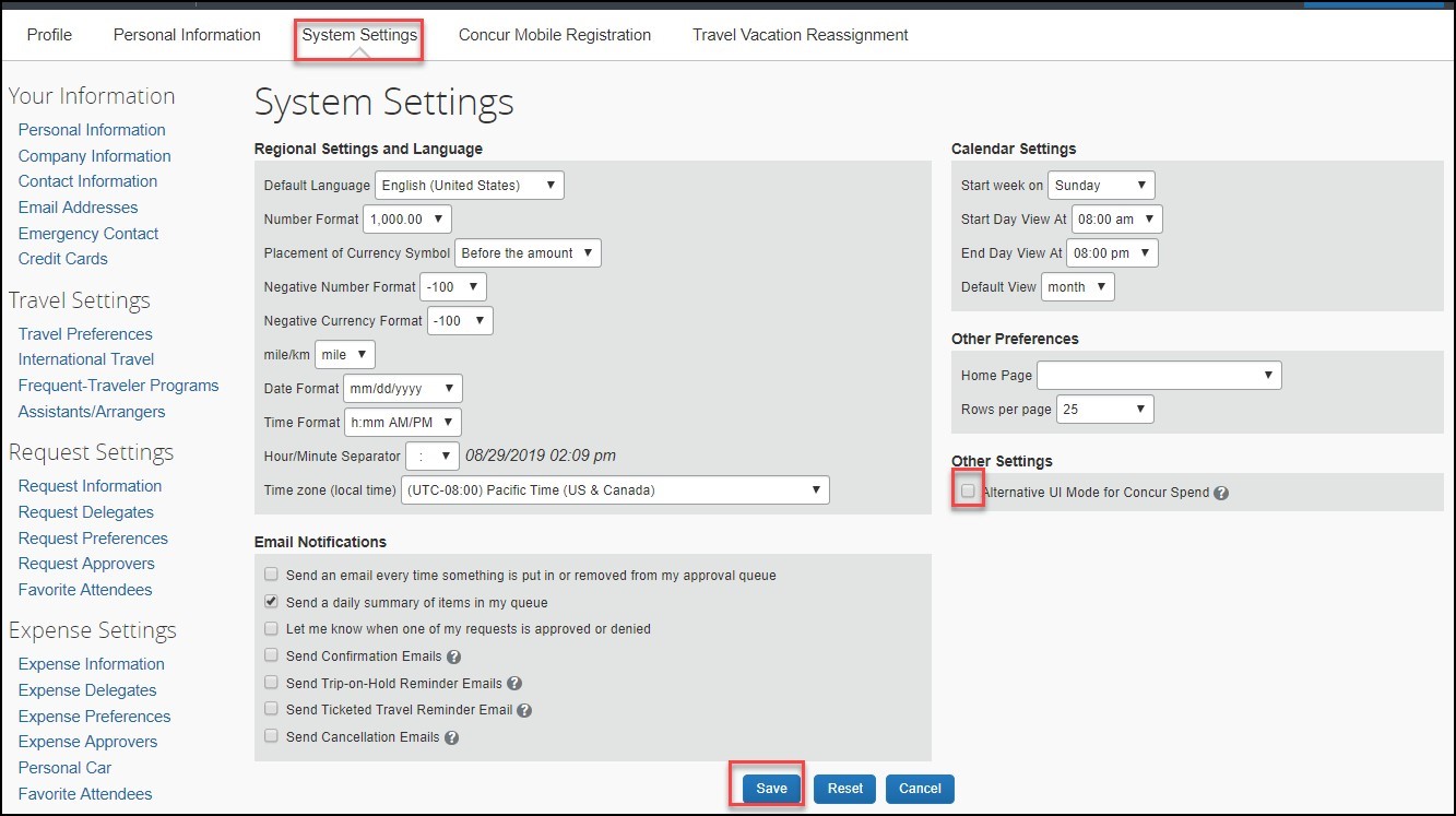 screenshot of system settings