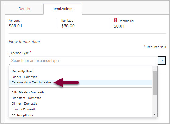 screenshot showing itemization of personal portion