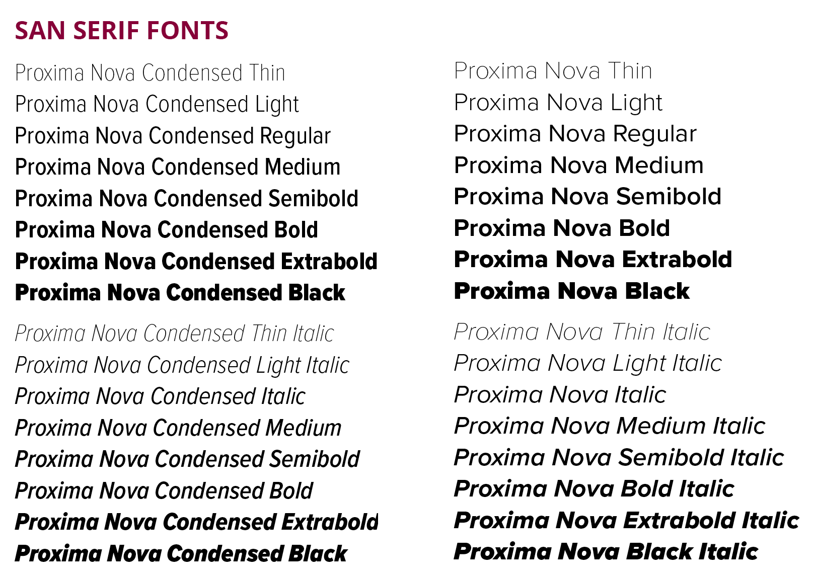 san serif font proxima nova at different font weights