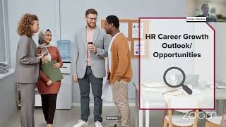 Four business professionals standing and talk about the HR Career outlook