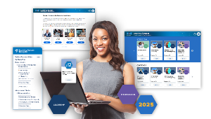 Woman holding laptop displaying 2025 SHRM Learning System