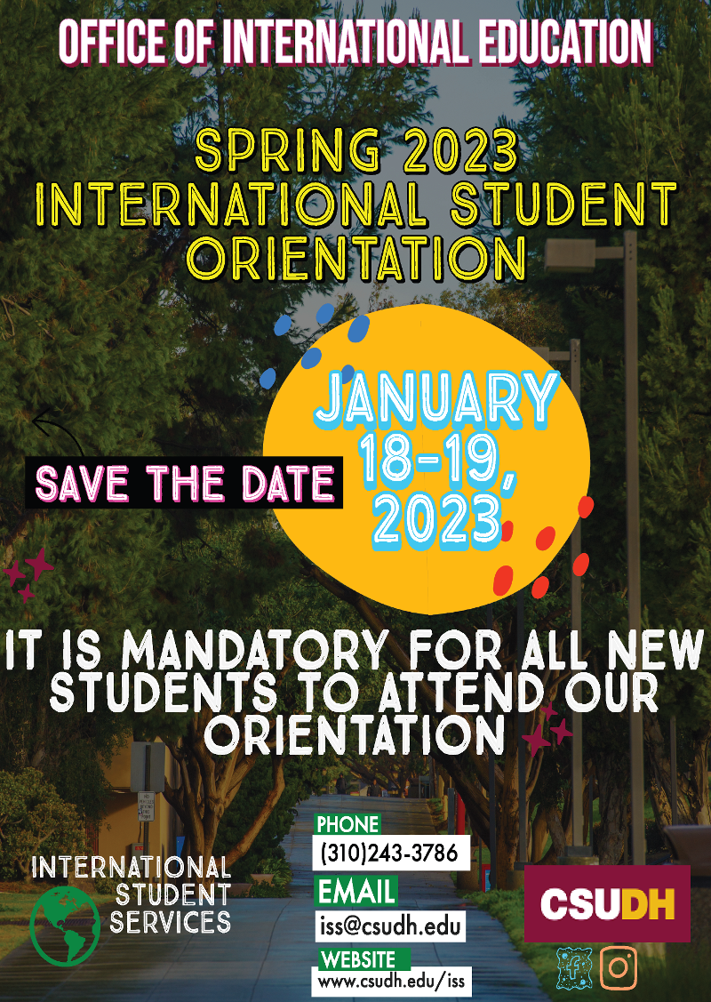 A flyer that says "Save the Date: Spring 2023 International Student Orientation on January 18-19, 2023."