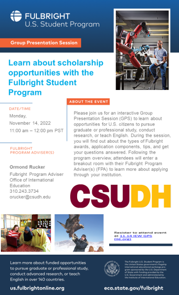 Flyer for Fulbright U.S. Student Program, with the text "Learn about scholarship opportunities with the Fulbright Student Program." The session will occur on Monday, November 14, 2022 at 11:00 am PST.
