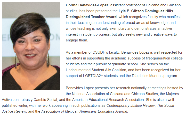 Corina Benavides-Lopez Chicana/o CSUDH Lyle E. Gibson Award 