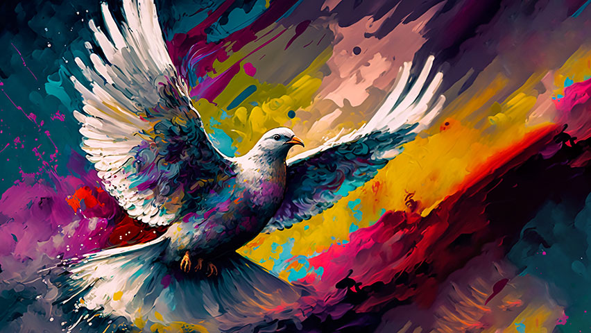 Artistic rendering of a dove flying with colorful background