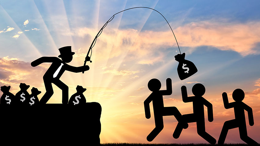 Person with bag of money on fishing line hovering over others 