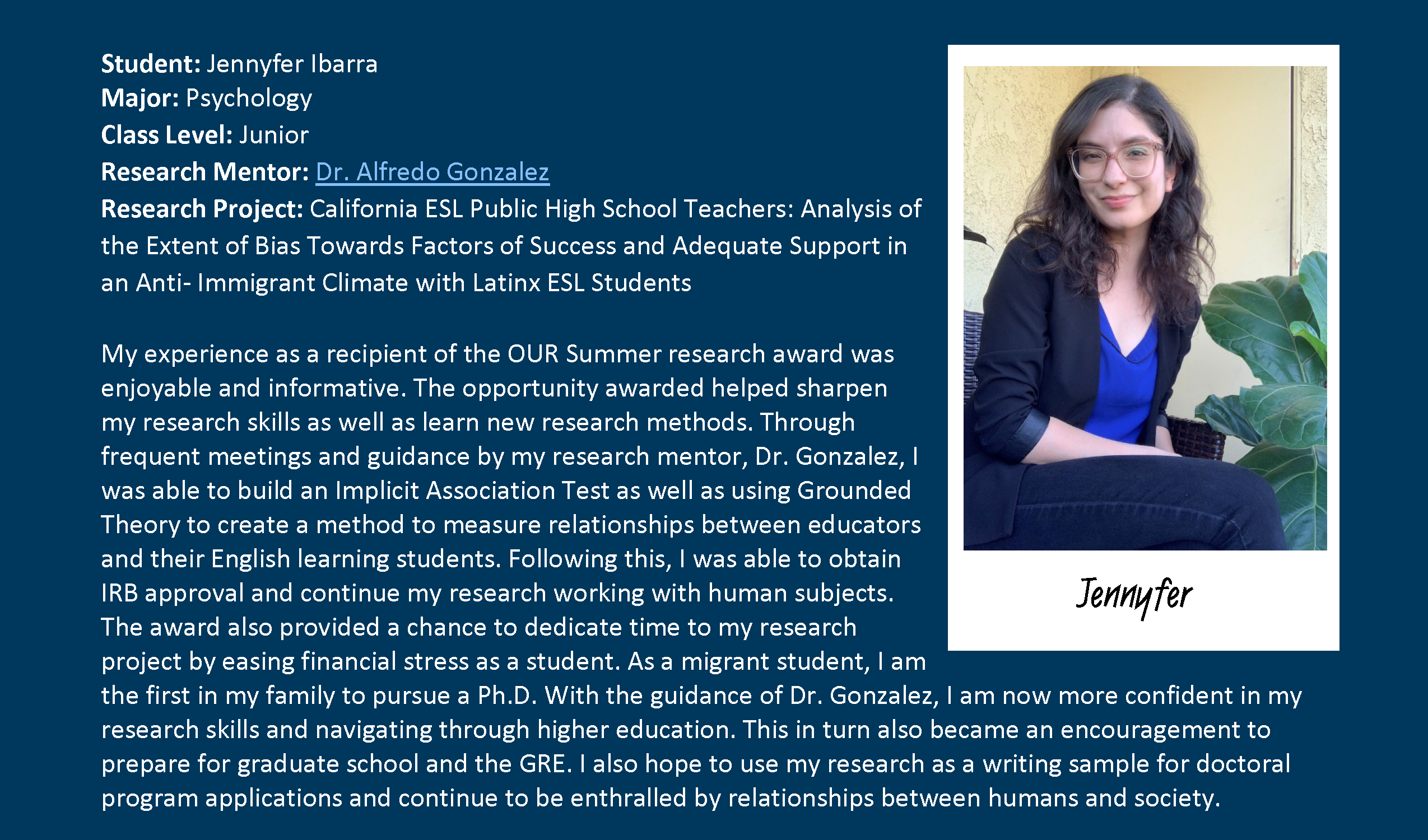 2021 OUR Summer Research Program TESTIMONIALS (J. Ibarra)