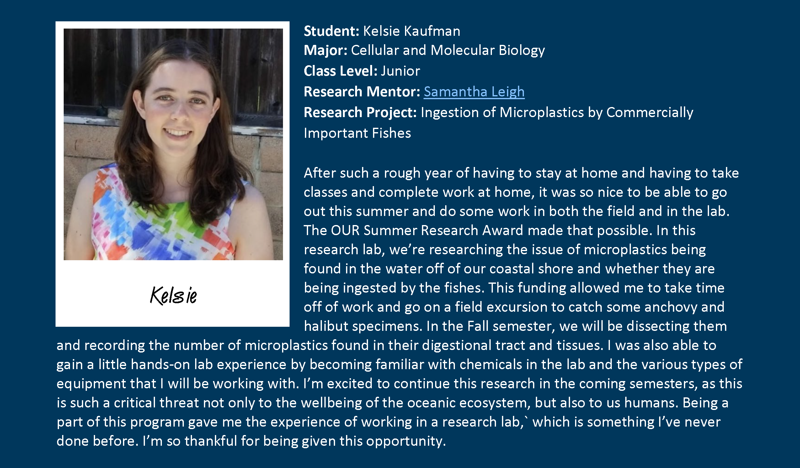 2021 OUR Summer Research Program TESTIMONIALS (K. Kaufman)