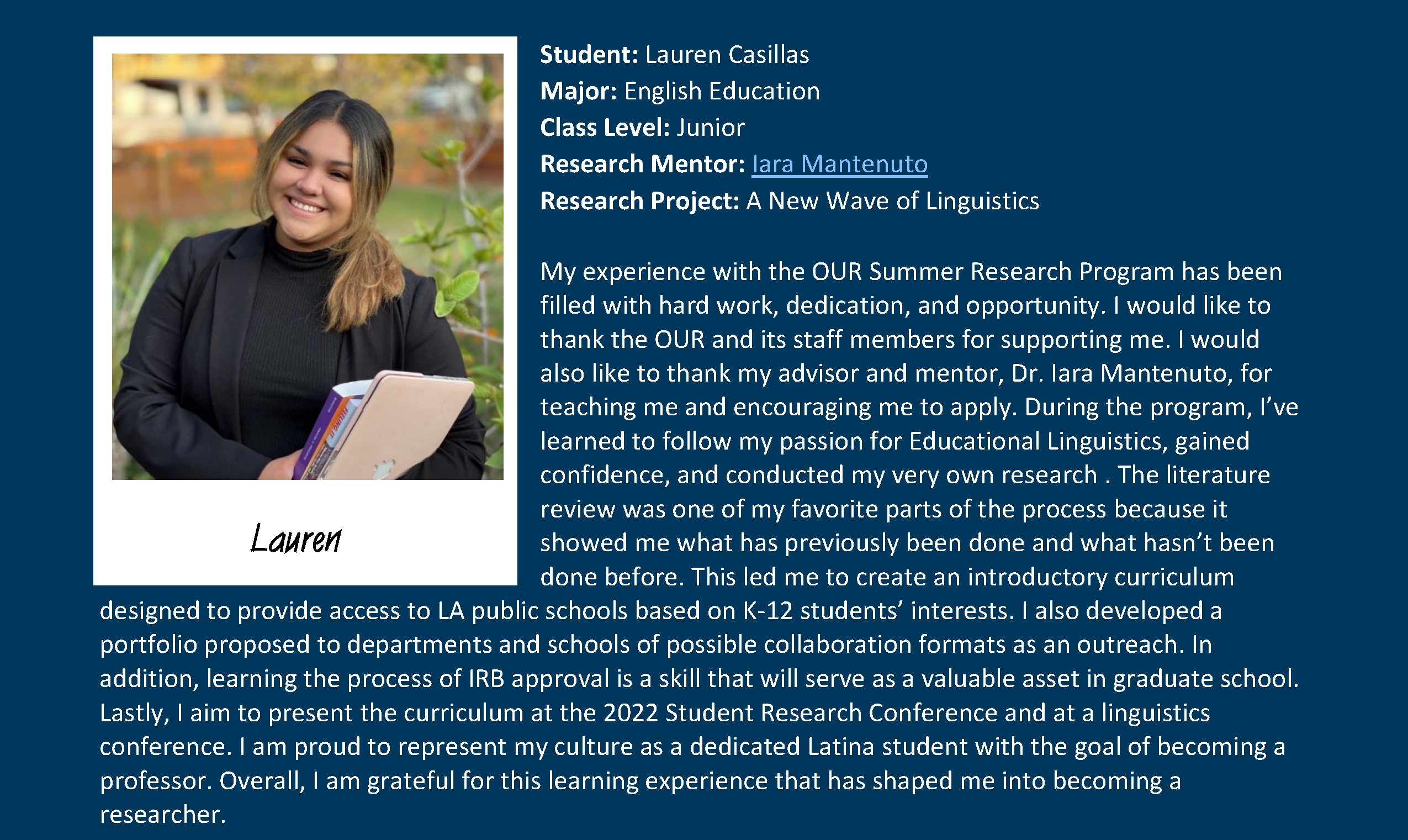 2021 OUR Summer Research Program TESTIMONIALS (L. Casillas)