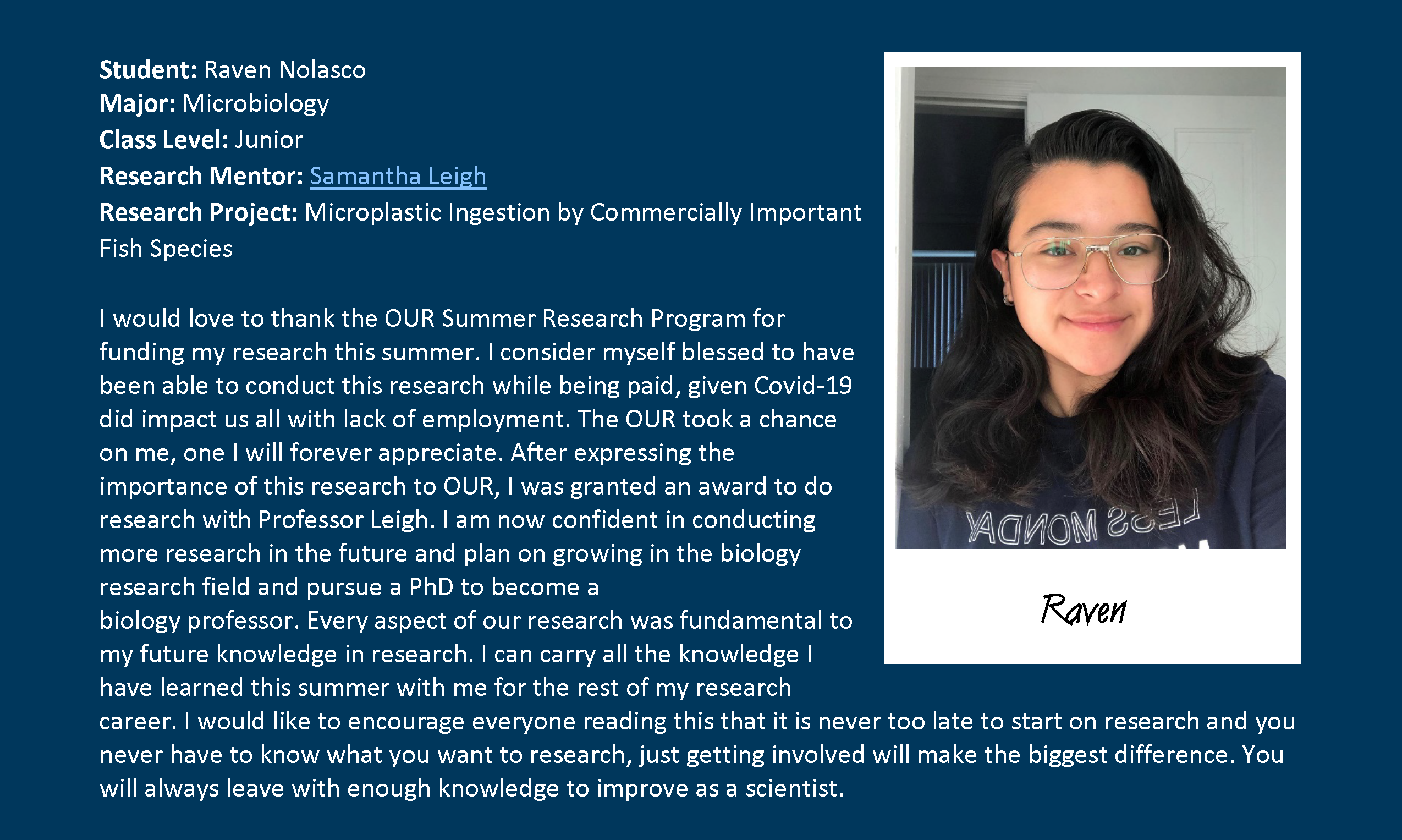 2021 OUR Summer Research Program TESTIMONIALS (R. Nolasco)