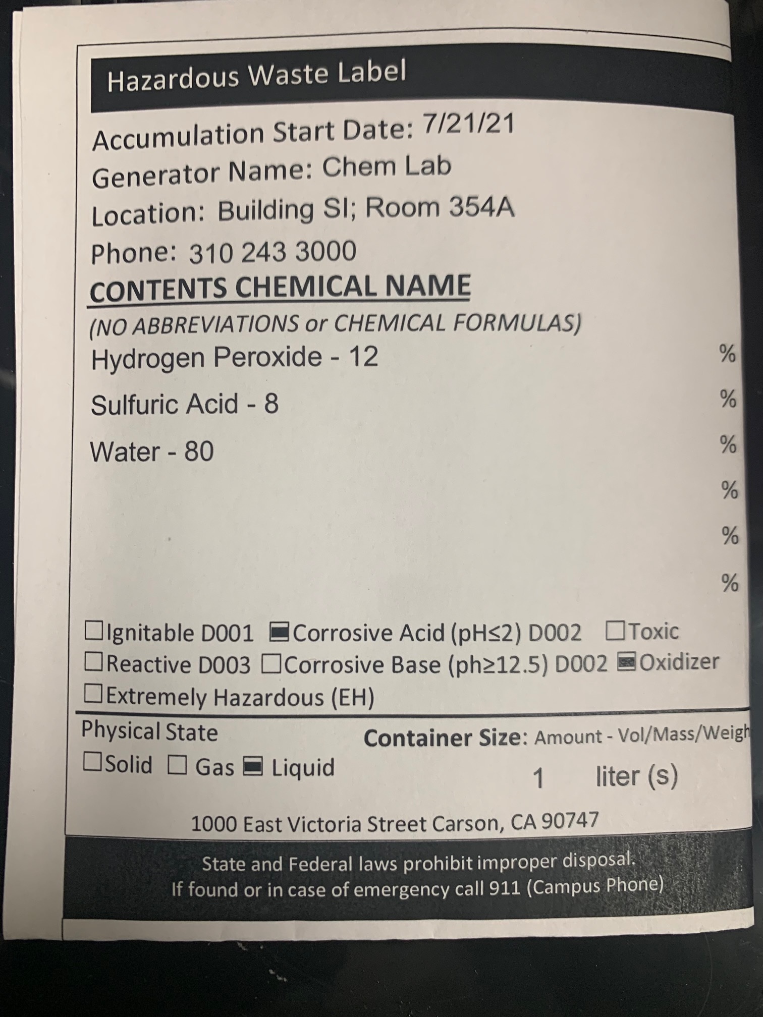 Example of Haz Waste Label