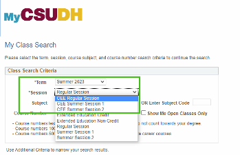MyCSUDH Class Search for CEE Summer Sessions