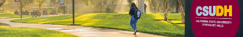 Student Walking LCH by CSUDH Sign